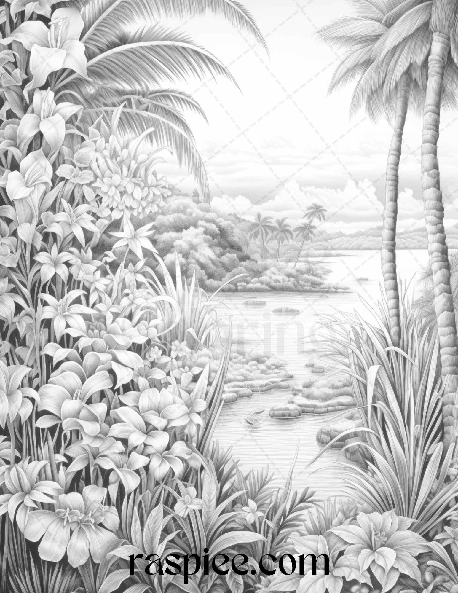 52 Tropical Oasis Grayscale Coloring Pages Printable for Adults, PDF File Instant Download