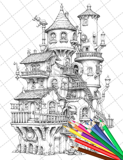 50 Steampunk Houses Grayscale Coloring Pages Printable for Adults, PDF File Instant Download