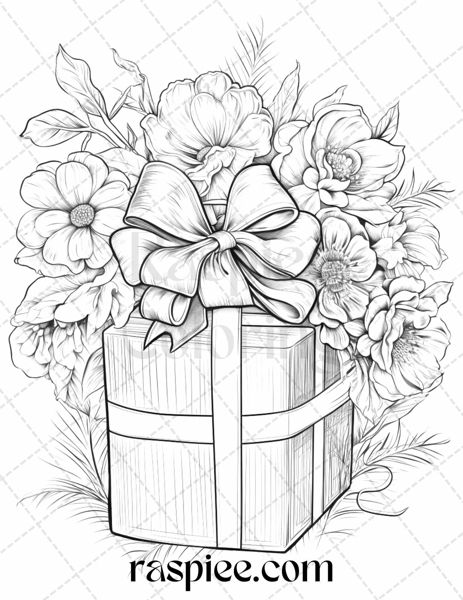 40 Flower Gift Box Grayscale Coloring Pages Printable for Adults Kids, PDF File Instant Download