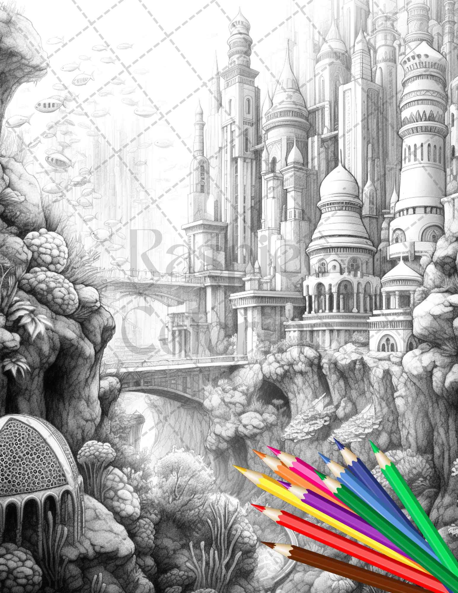 Enchanted Underwater City Grayscale Coloring Pages Printable for Adults, PDF File Instant Download
