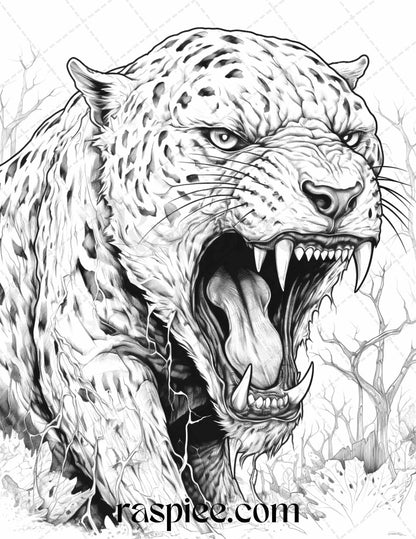 66 Horror Zombie Animals Grayscale Coloring Pages Printable for Adults, PDF File Instant Download