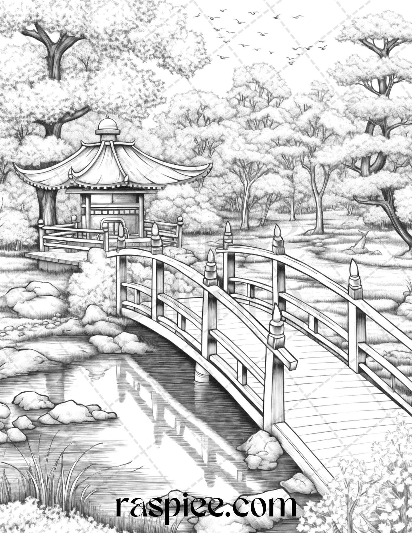 Japanese Garden Grayscale Coloring Pages Printable for Adults, PDF File Instant Download