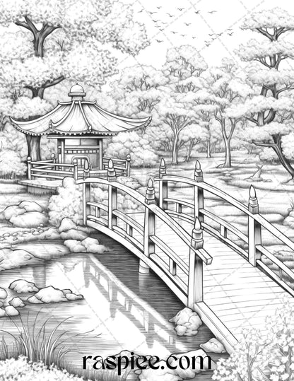 Japanese Garden Grayscale Coloring Pages Printable for Adults, PDF File Instant Download