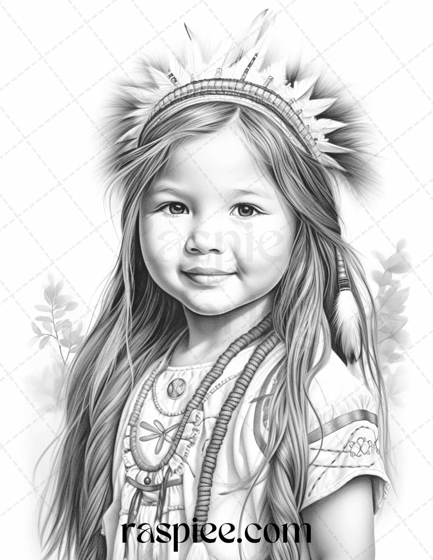 50 Native American Little Girls Boys Grayscale Coloring Pages Printable for Adults Kids, PDF File Instant Download