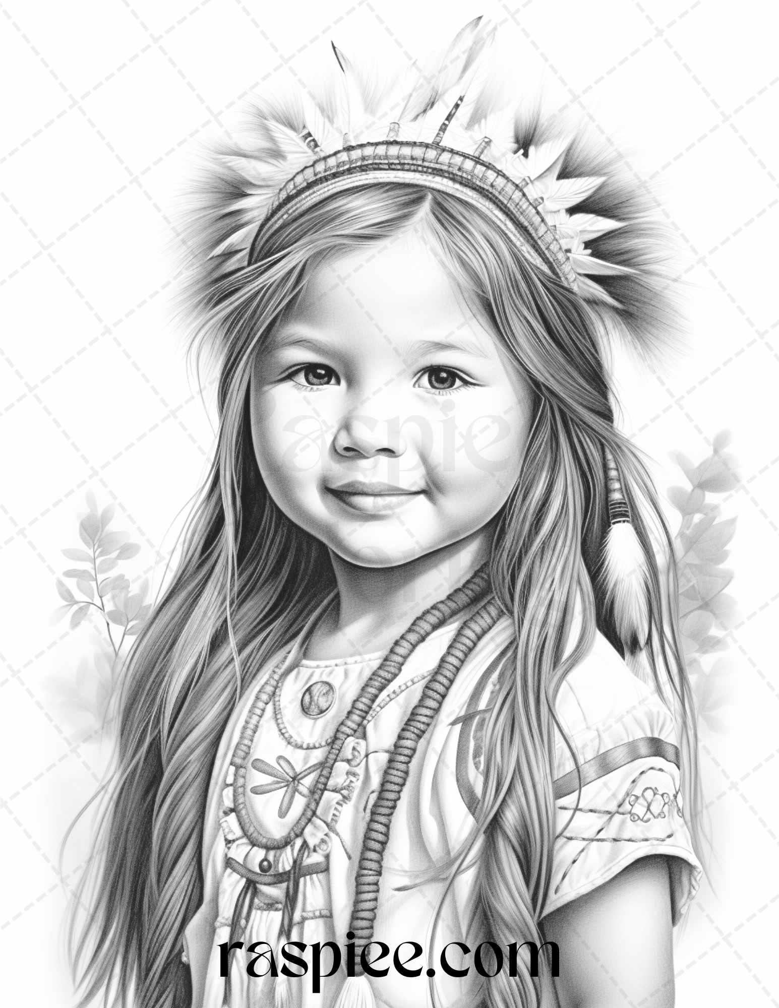 50 Native American Little Girls Boys Grayscale Coloring Pages Printable for Adults Kids, PDF File Instant Download