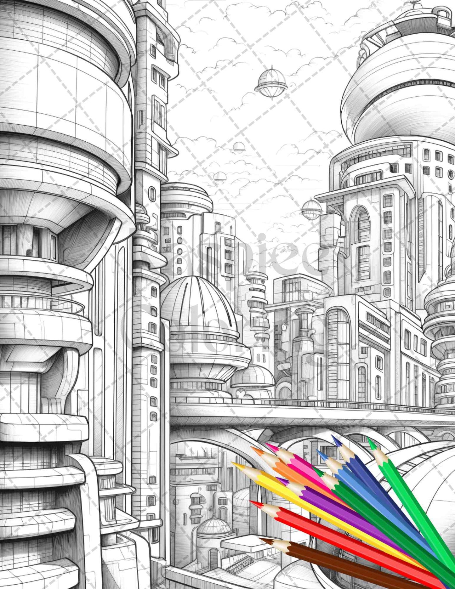 50 Futuristic Metropolis Grayscale Coloring Pages Printable for Adults, PDF File Instant Download