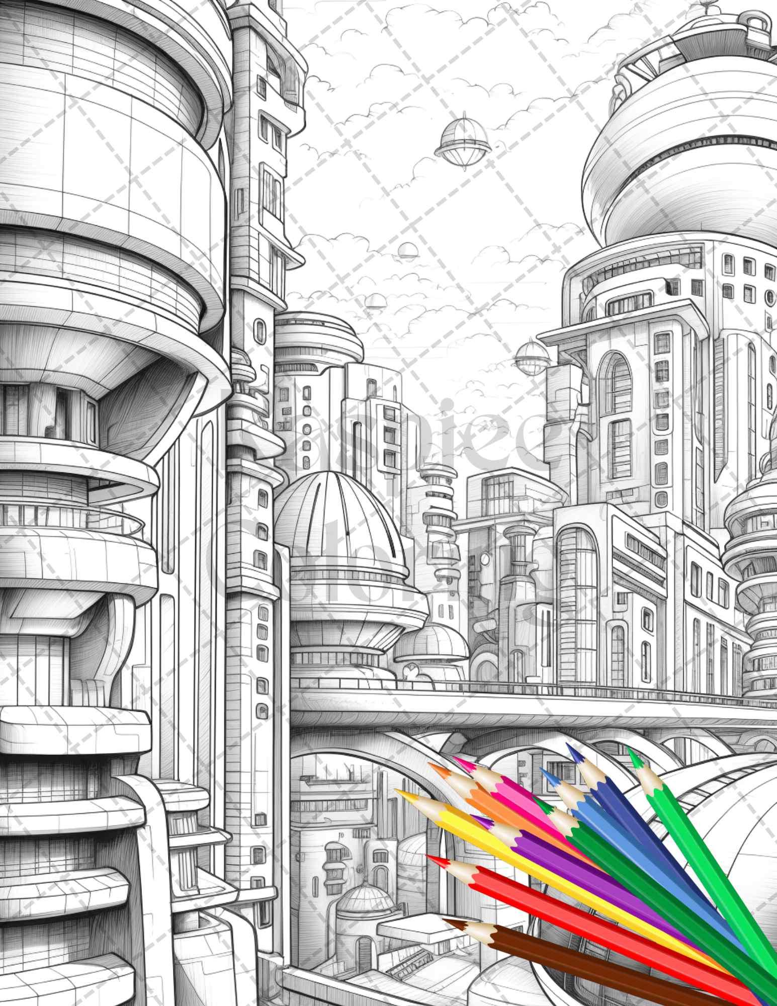 50 Futuristic Metropolis Grayscale Coloring Pages Printable for Adults, PDF File Instant Download