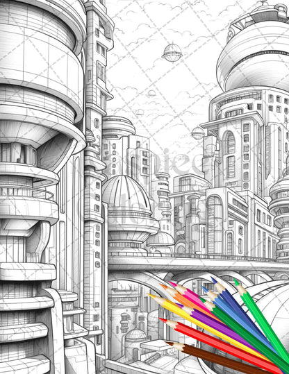 50 Futuristic Metropolis Grayscale Coloring Pages Printable for Adults, PDF File Instant Download