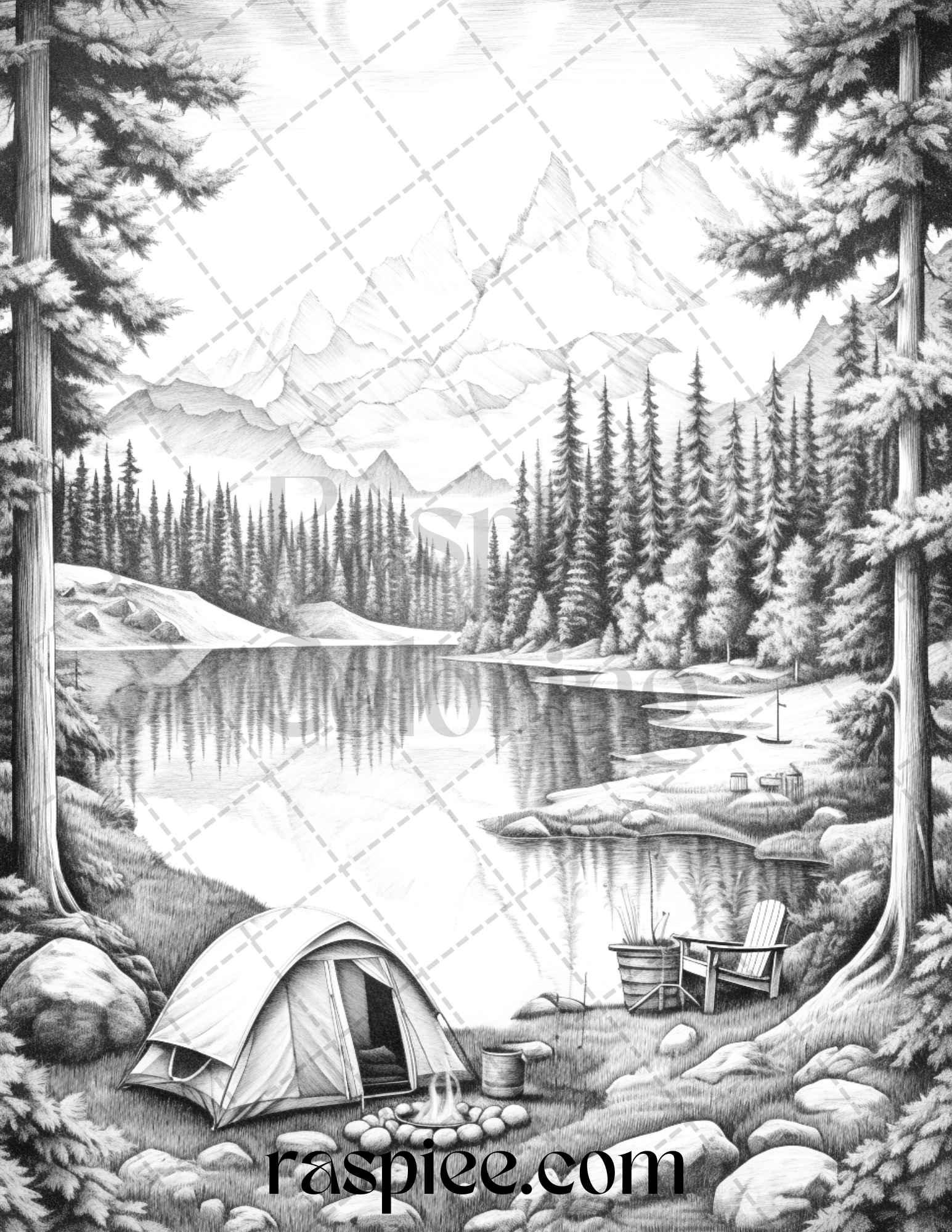 Nature Camping Grayscale Coloring Pages Printable, Relaxing Outdoor Scenes, PDF File Instant Download
