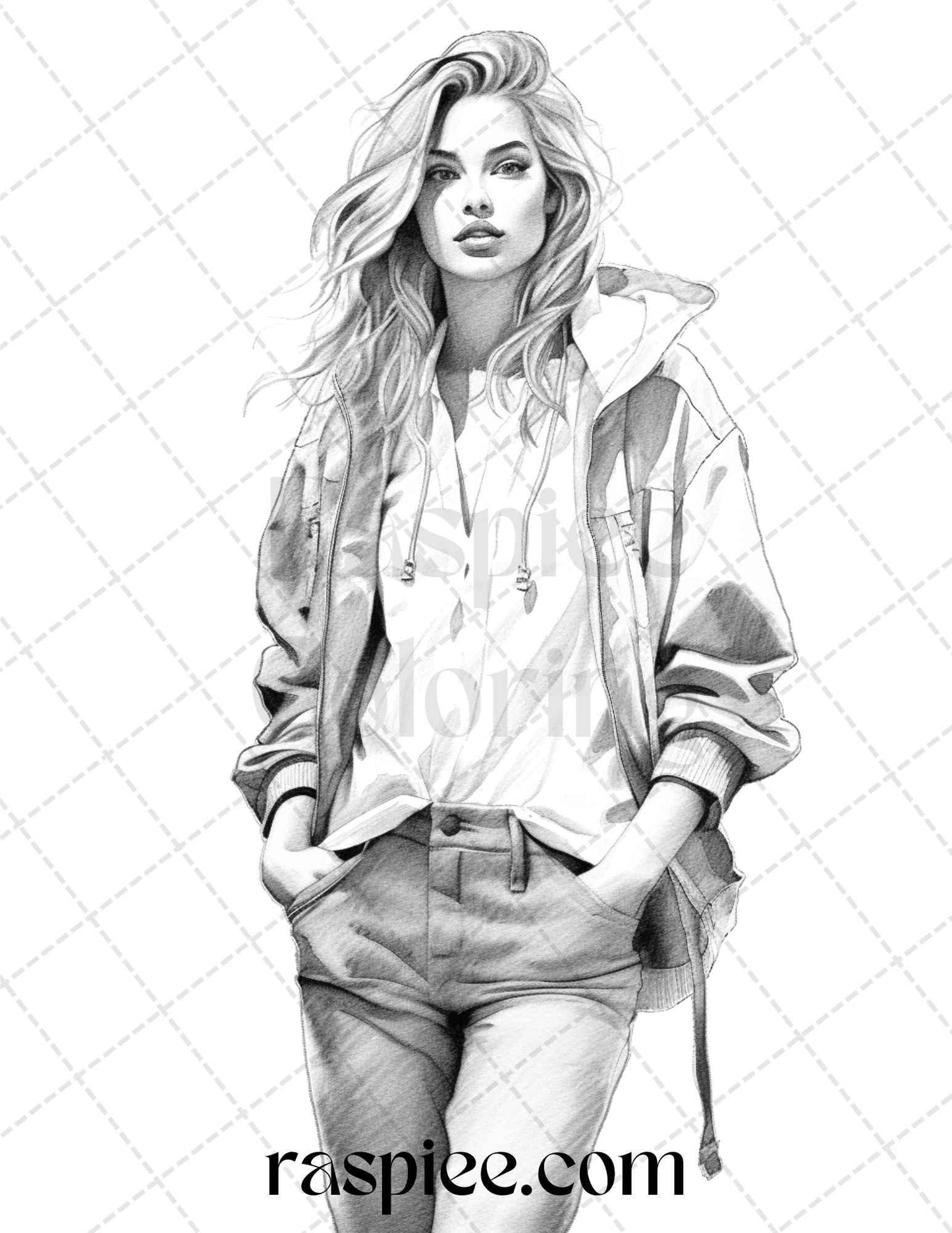 50 Streetwear Fashion Grayscale Coloring Pages Printable for Adults, PDF File Instant Download