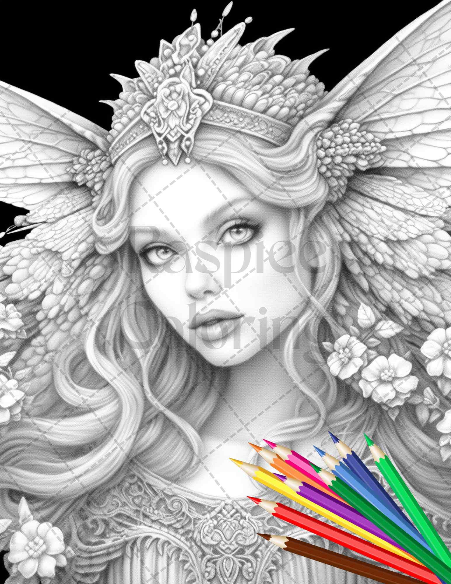 Beautiful Dark Fairy Grayscale Coloring Pages Printable for Adults, PDF File Instant Download