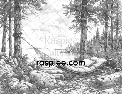 62 Serene Lakeside Cabins Grayscale Adult Coloring Pages, Printable PDF Instant Download