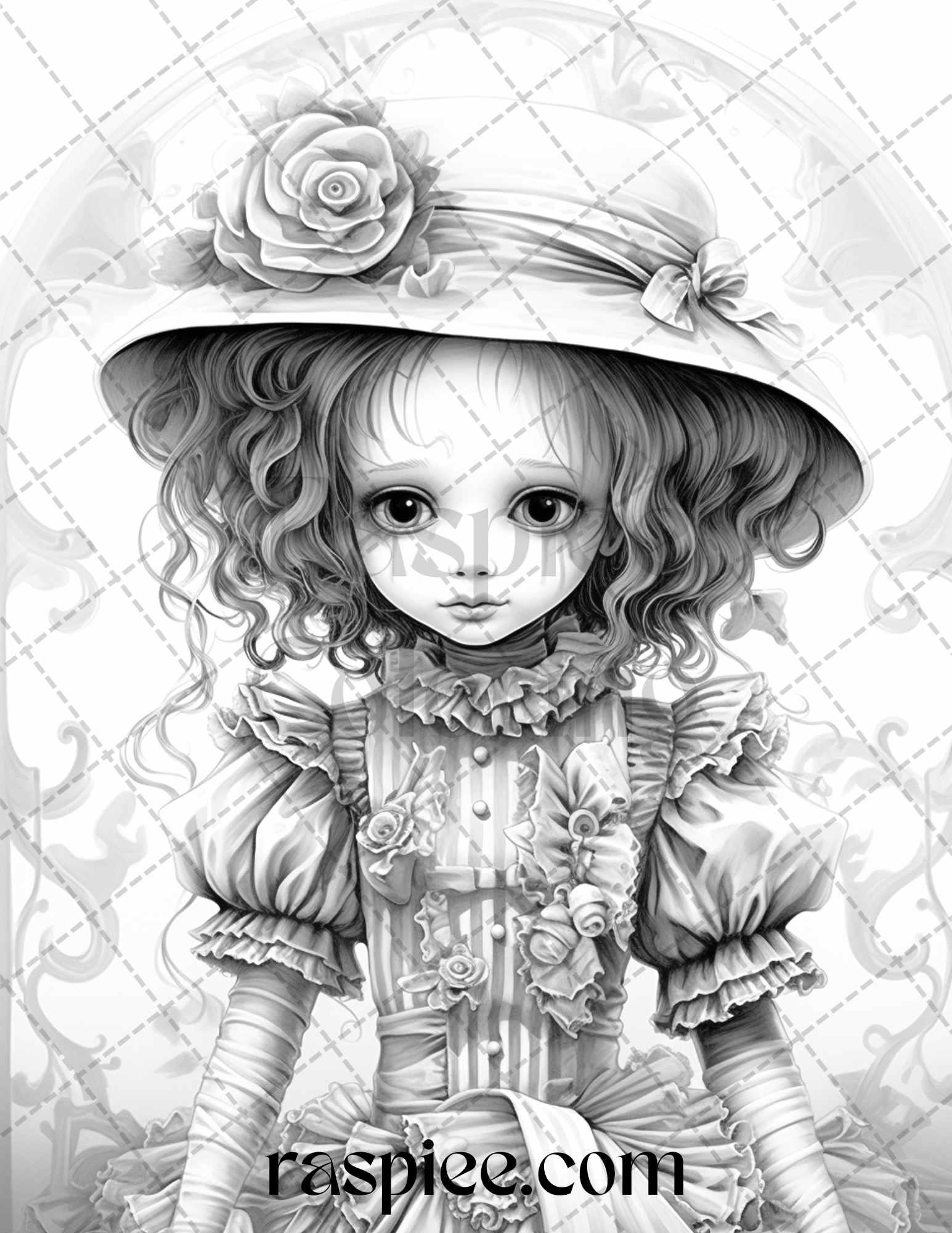 50 Scary Victorian Dolls Grayscale Coloring Pages Printable for Adults, PDF File Instant Download