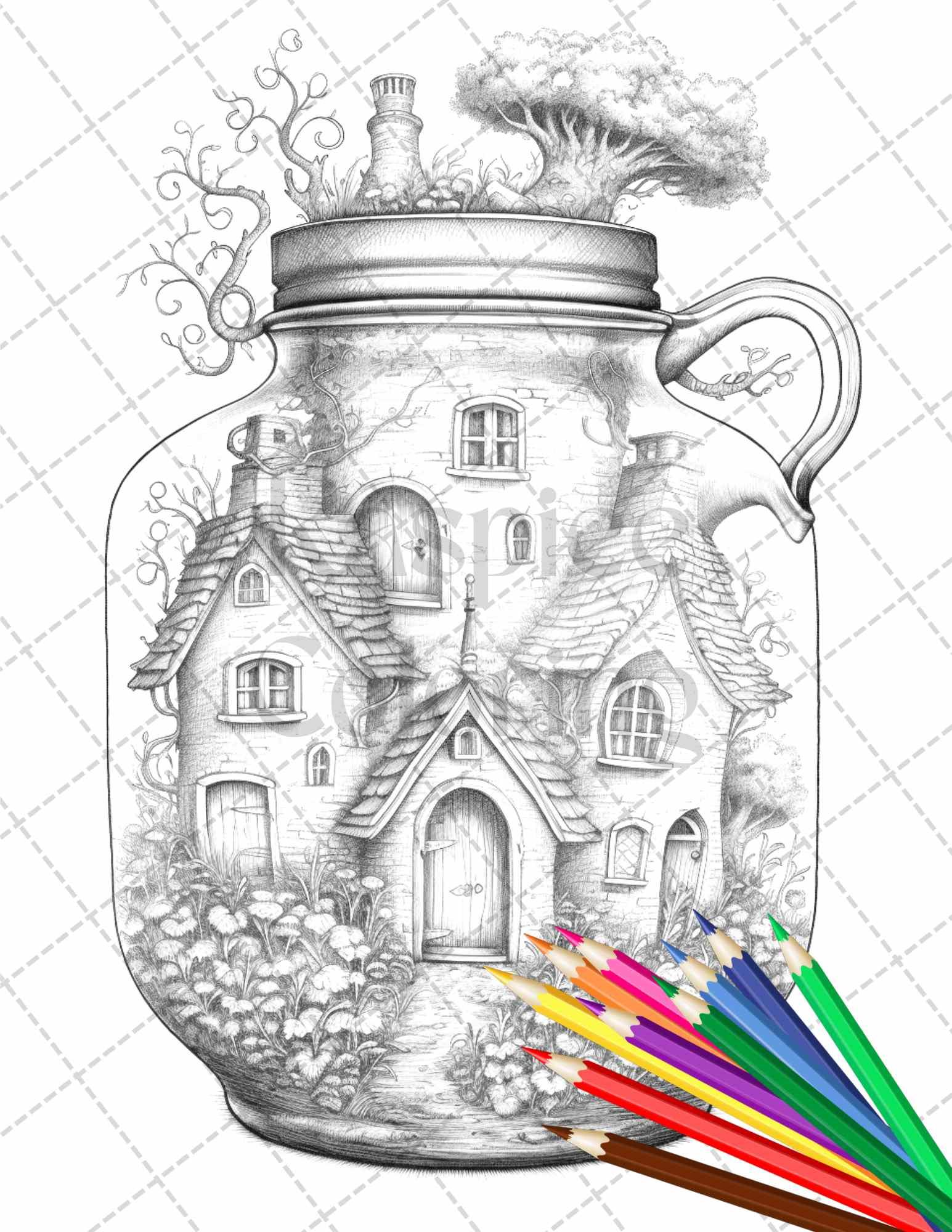 Fairy House in Jar Grayscale Coloring Pages Printable for Adults, PDF File Instant Download