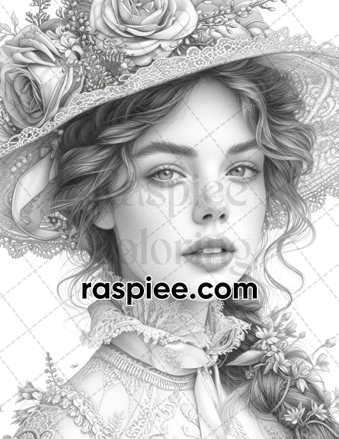62 Spring Victorian Girl Portraits Grayscale Adult Coloring Pages, Printable PDF Instant Download