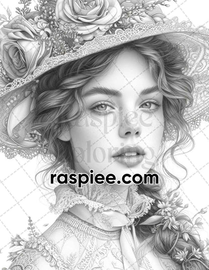 62 Spring Victorian Girl Portraits Grayscale Adult Coloring Pages, Printable PDF Instant Download
