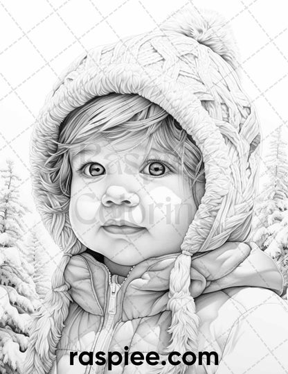 50 Baby Winter Portrait Grayscale Coloring Pages Printable for Adults, PDF File Instant Download