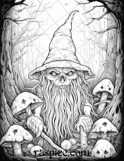 50 Horror Zombie Gnomes Grayscale Coloring Pages Printable for Adults, PDF File Instant Download