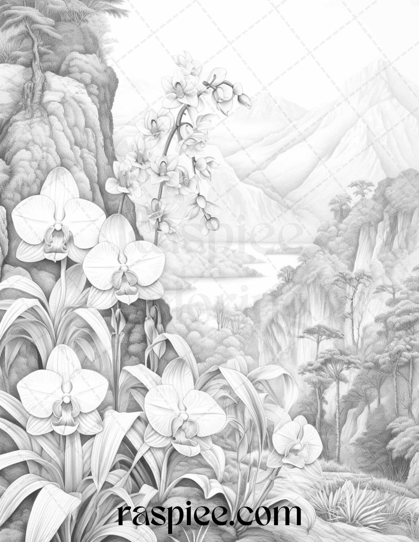 60 Mountain Flower Landscapes Grayscale Coloring Pages Printable for Adults, PDF File Instant Download