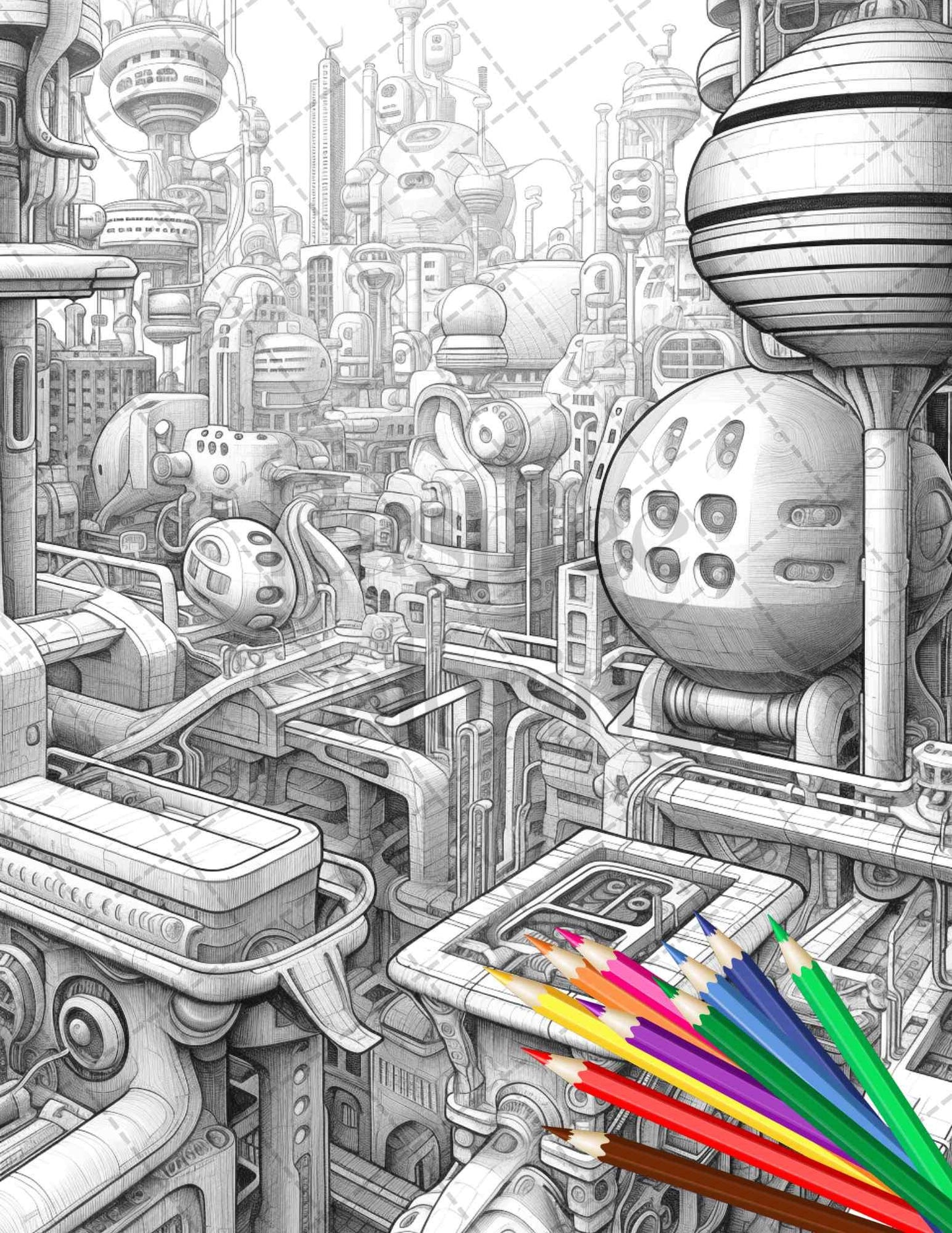 50 Futuristic Metropolis Grayscale Coloring Pages Printable for Adults, PDF File Instant Download