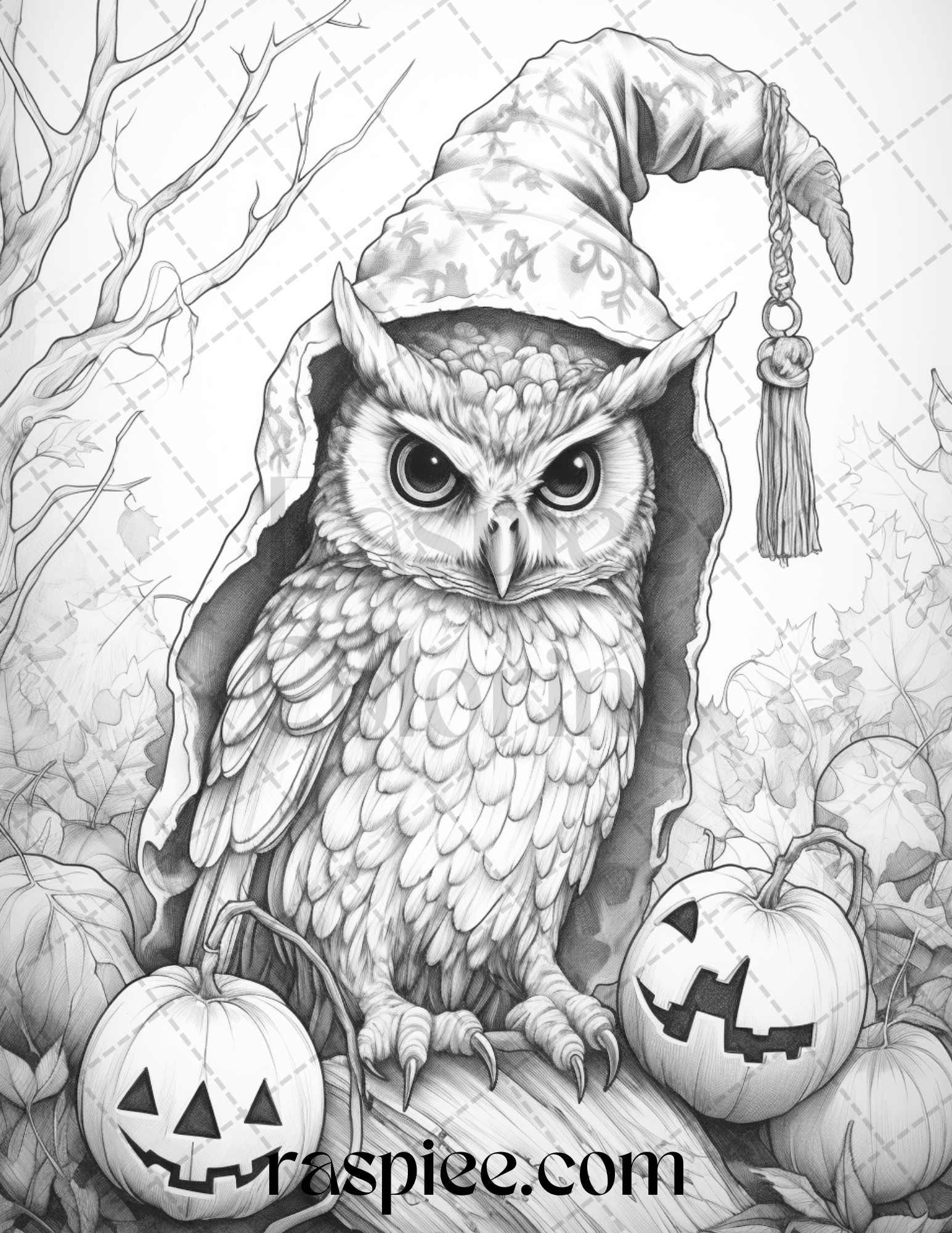 Halloween Witch Owl Grayscale Coloring Pages for Adults and Kids, Printable PDF Instant Download
