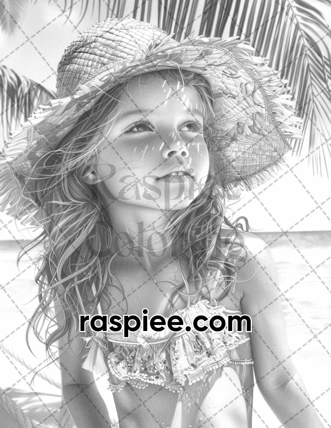 65 Summer Little Girls Portrait Grayscale Adult Coloring Pages Printable PDF Instant Download