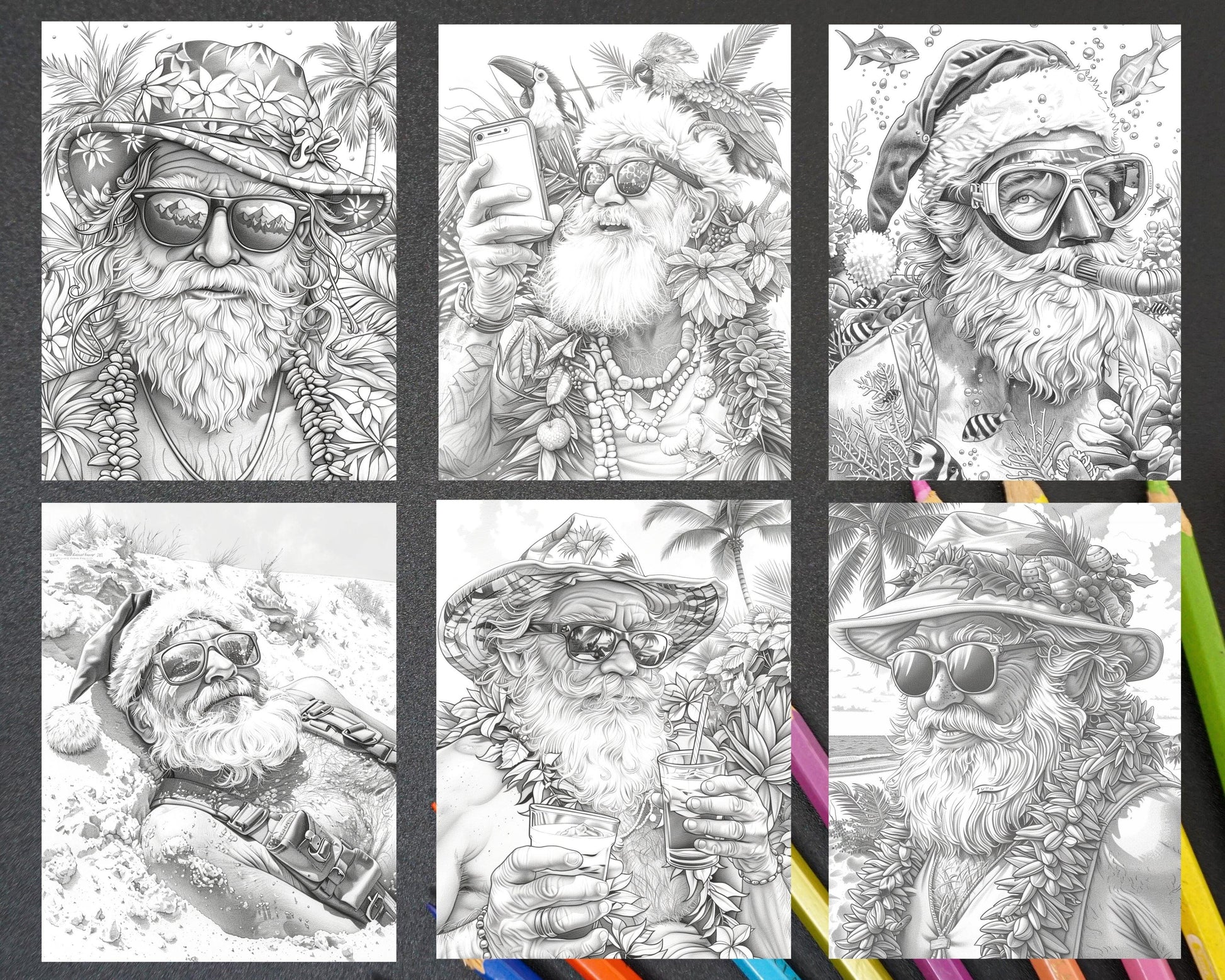 60 Santa Christmas in July Grayscale Adult Coloring Pages Printable PDF Instant Download