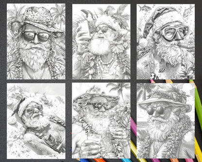 60 Santa Christmas in July Grayscale Adult Coloring Pages Printable PDF Instant Download