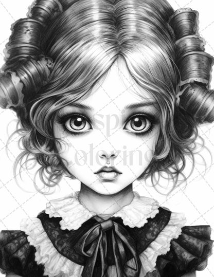 60 Adorable Gothic Girls Grayscale Coloring Pages Printable for Adults, PDF File Instant Download