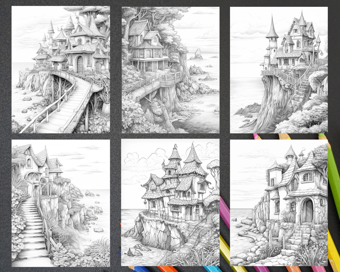 50 Fairy Beach Houses Grayscale Coloring Pages for Adults, Printable PDF Instant Download