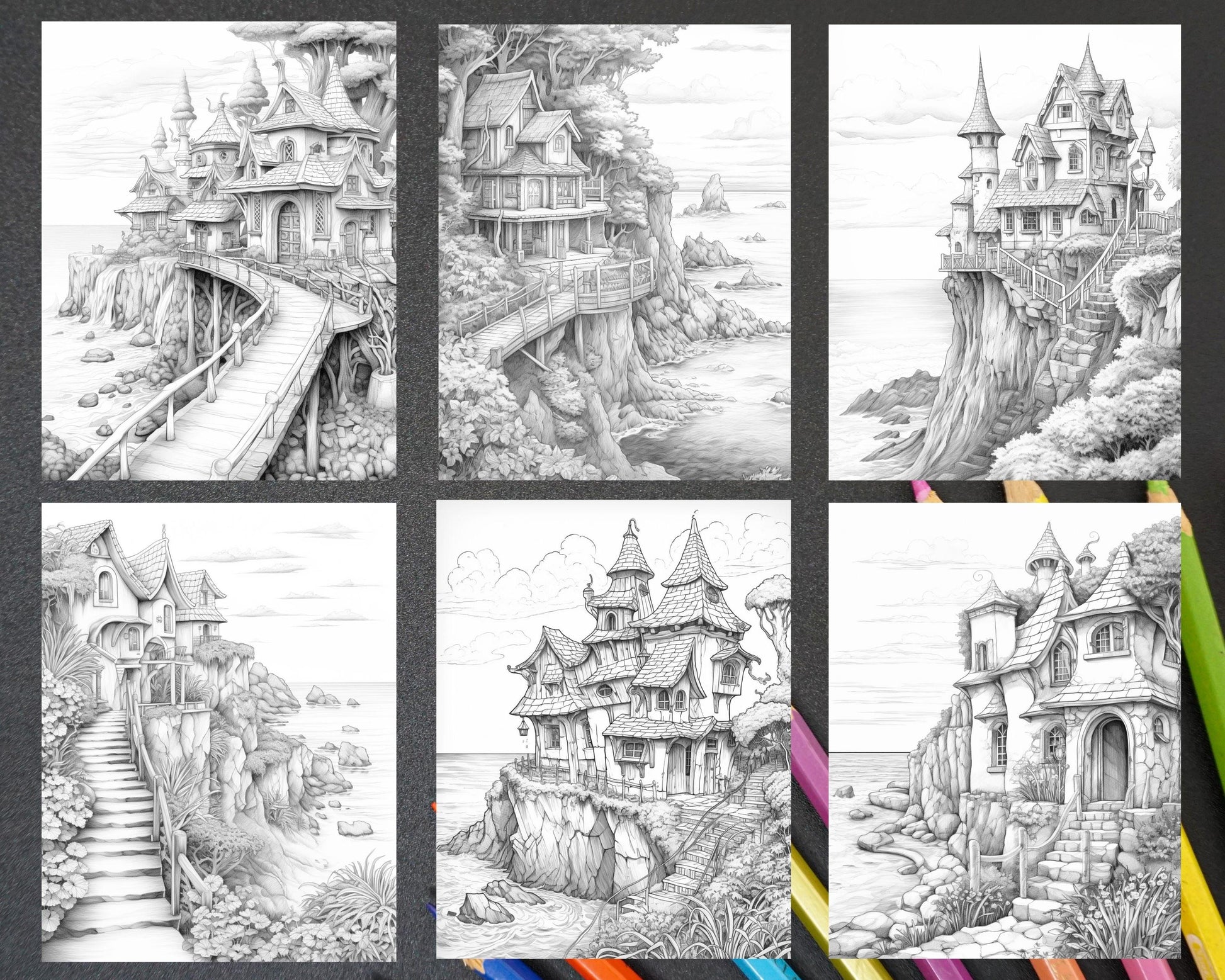 50 Fairy Beach Houses Grayscale Coloring Pages for Adults, Printable PDF Instant Download