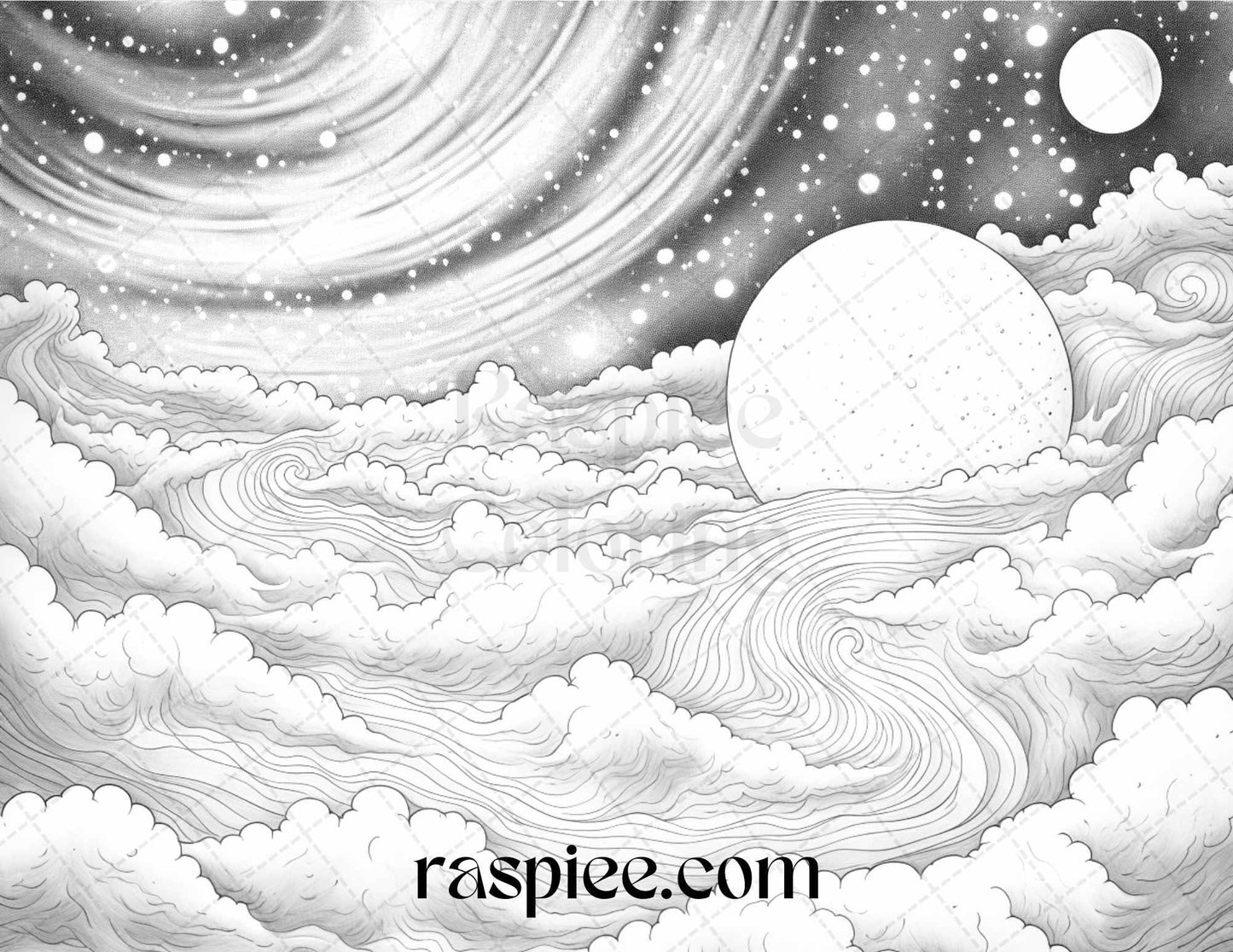 55 Celestial Landscapes Grayscale Coloring Pages Printable for Adults, PDF File Instant Download