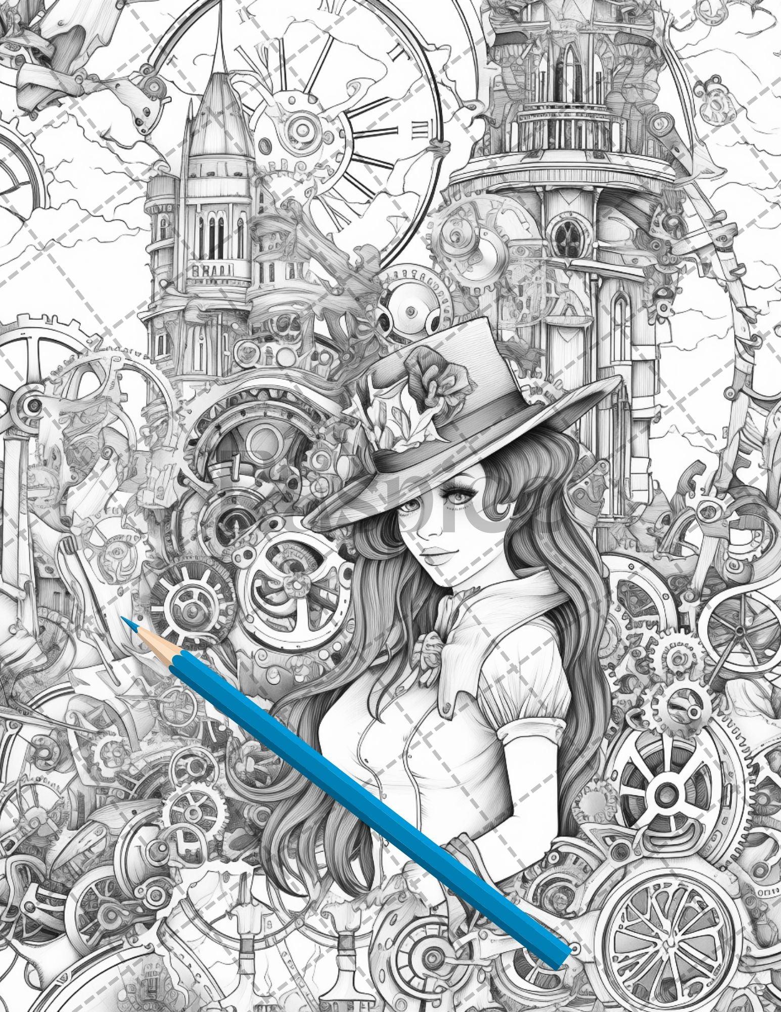 30 Steampunk Girls Coloring Pages Printable for Adults, Victorian Inspired Adult Grayscale Coloring Book, PDF File Download