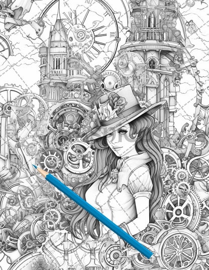 30 Steampunk Girls Coloring Pages Printable for Adults, Victorian Inspired Adult Grayscale Coloring Book, PDF File Download