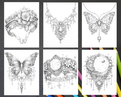75 Exquisite Jewelry Collection Grayscale Coloring Pages for Adults, Printable PDF Instant Download
