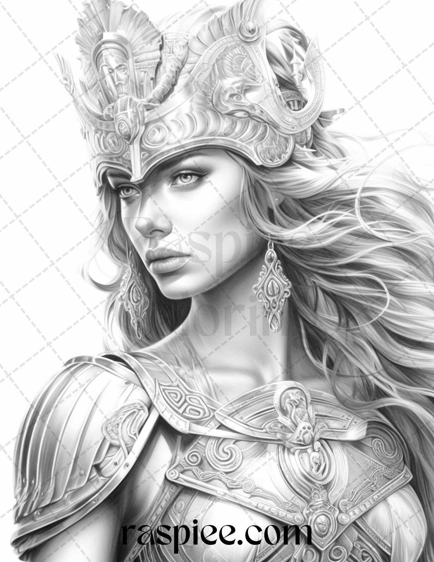 Greek Women Warriors Grayscale Coloring Pages for Adults, Printable PDF File Instant Download