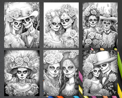 50 Day of the Dead Grayscale Coloring Pages Printable for Adults, PDF File Instant Download
