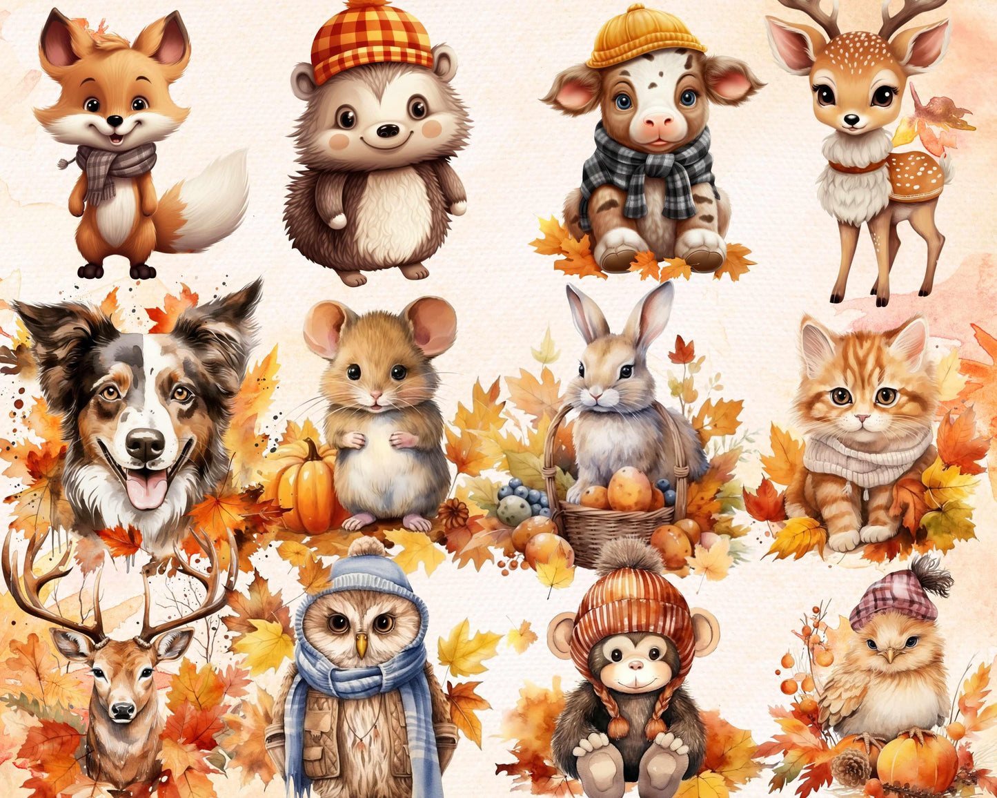 100+ PNG Watercolor Autumn Animal Clipart Bundle, Fall Season Iluustrations