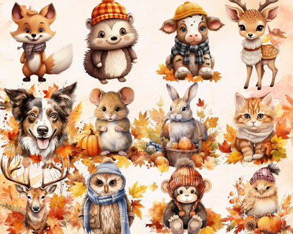100+ PNG Watercolor Autumn Animal Clipart Bundle, Fall Season Iluustrations
