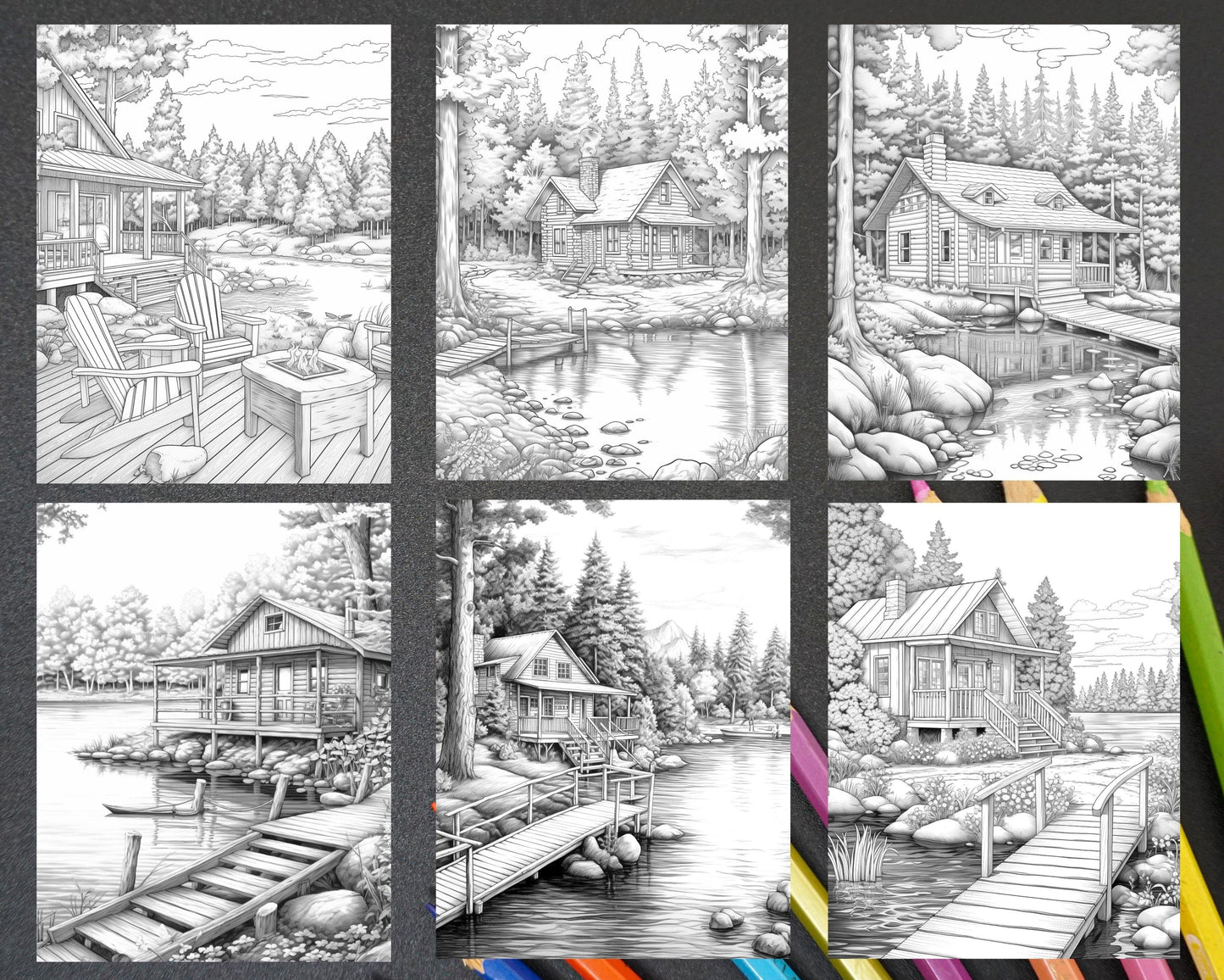 Lake Cabin Scenery Grayscale Coloring Pages Printable for Adults, PDF File Instant Download