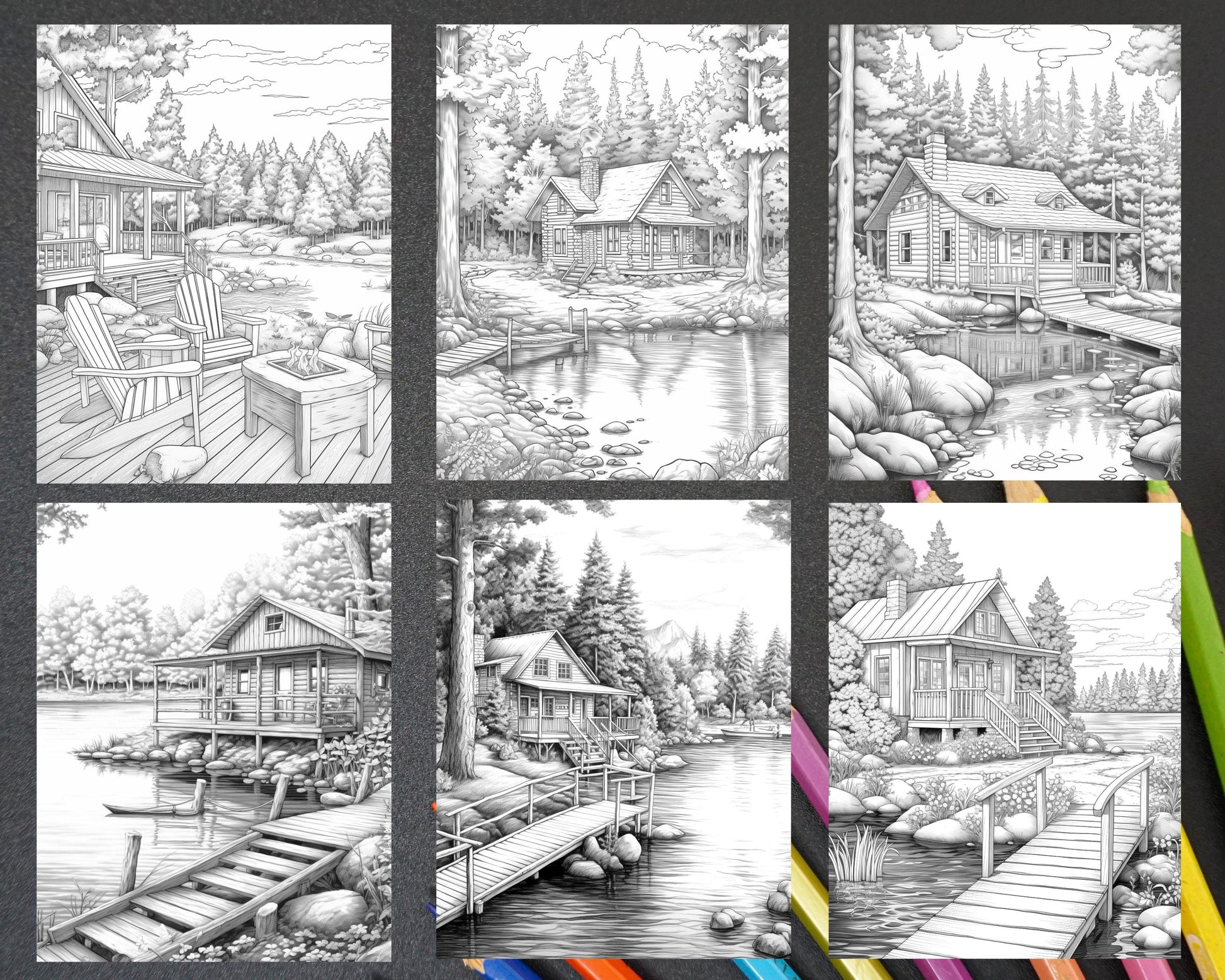 Lake Cabin Scenery Grayscale Coloring Pages Printable for Adults, PDF File Instant Download