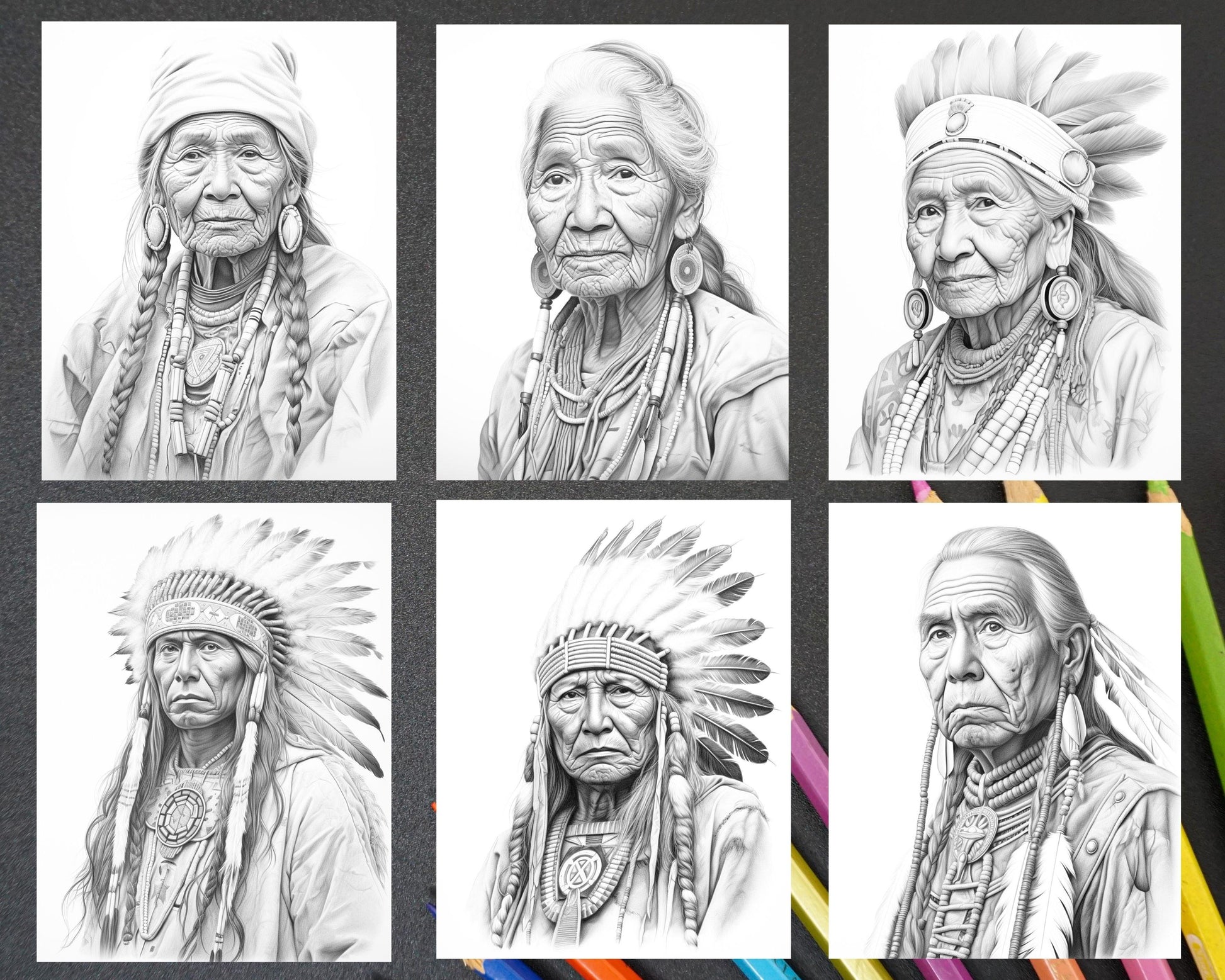 Native American Portrait Grayscale Coloring Pages Printable for Adults, PDF File Instant Download