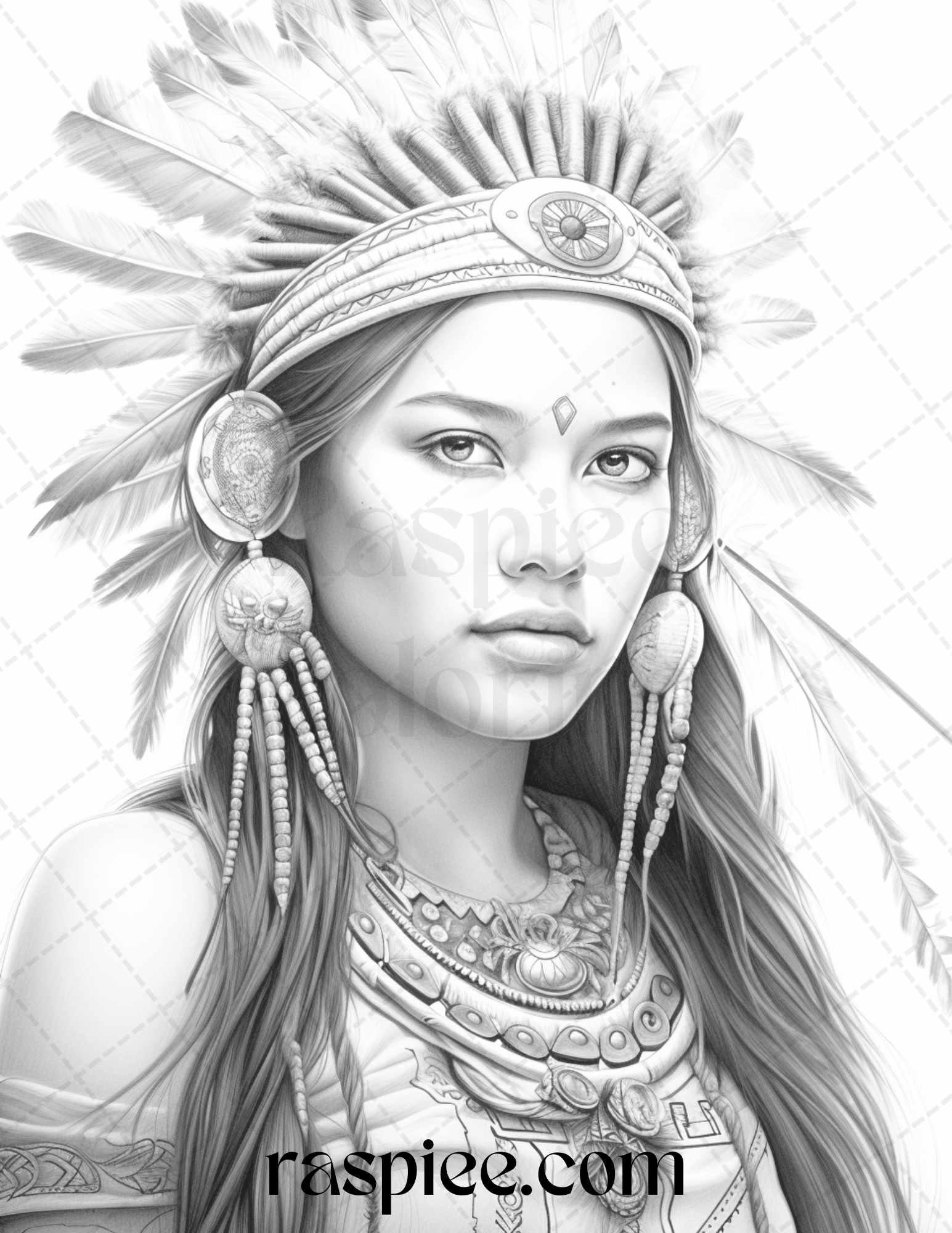 Native American Portrait Grayscale Coloring Pages Printable for Adults, PDF File Instant Download