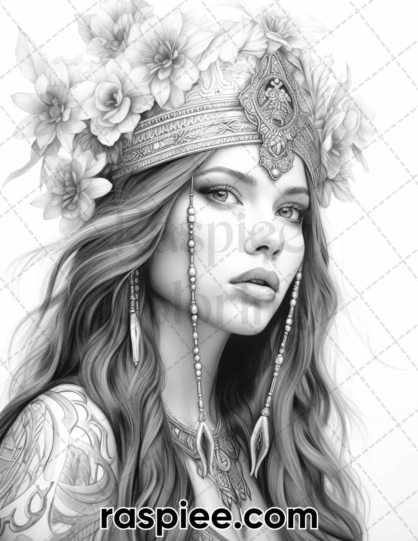 60 Bohemian Beauties Grayscale Coloring Pages for Adults, Printable PDF Instant Download