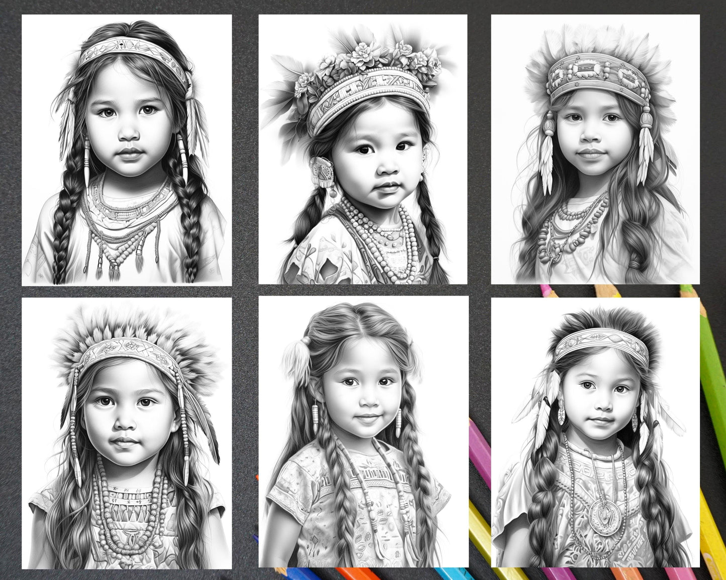50 Native American Little Girls Boys Grayscale Coloring Pages Printable for Adults Kids, PDF File Instant Download