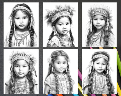50 Native American Little Girls Boys Grayscale Coloring Pages Printable for Adults Kids, PDF File Instant Download