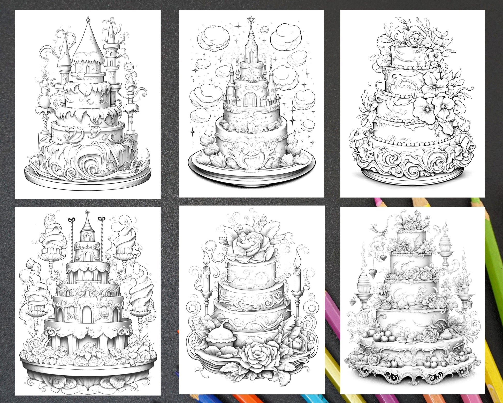 38 Whimsical Cakes Grayscale Coloring Pages for Adults, PDF File Instant Download