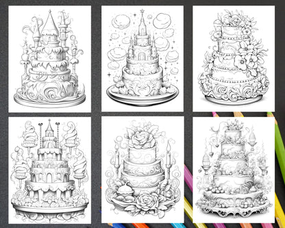 38 Whimsical Cakes Grayscale Coloring Pages for Adults, PDF File Instant Download
