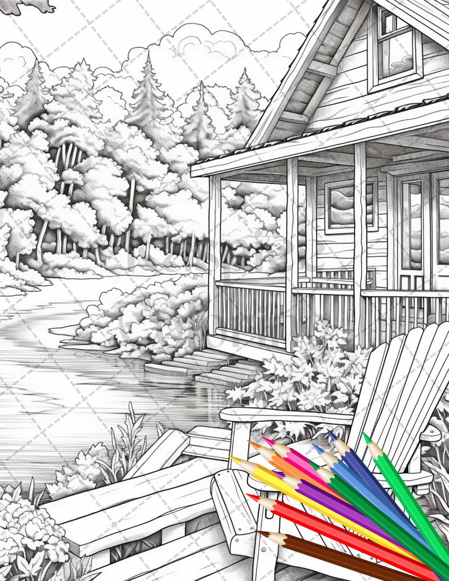 Lake Cabin Scenery Grayscale Coloring Pages Printable for Adults, PDF File Instant Download