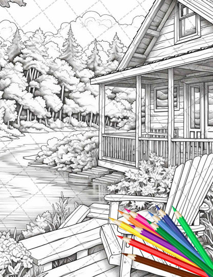 Lake Cabin Scenery Grayscale Coloring Pages Printable for Adults, PDF File Instant Download
